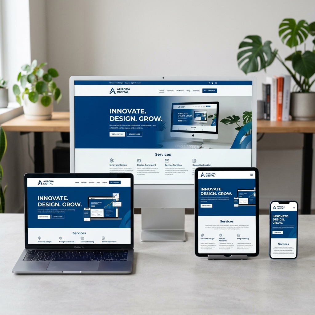Responsive website shown across desktop, laptop, tablet and phone